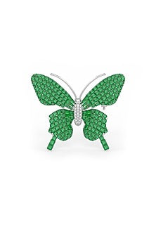 White Rhodium Finish Emerald Spinel Stone Statement Brooch In Sterling Silver
