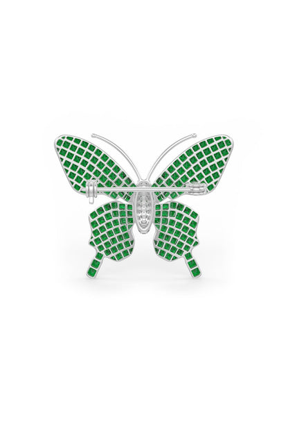 White Rhodium Finish Emerald Spinel Stone Statement Brooch In Sterling Silver