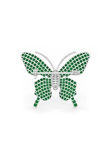 White Rhodium Finish Emerald Spinel Stone Statement Brooch In Sterling Silver