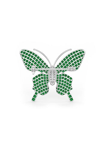 White Rhodium Finish Emerald Spinel Stone Statement Brooch In Sterling Silver