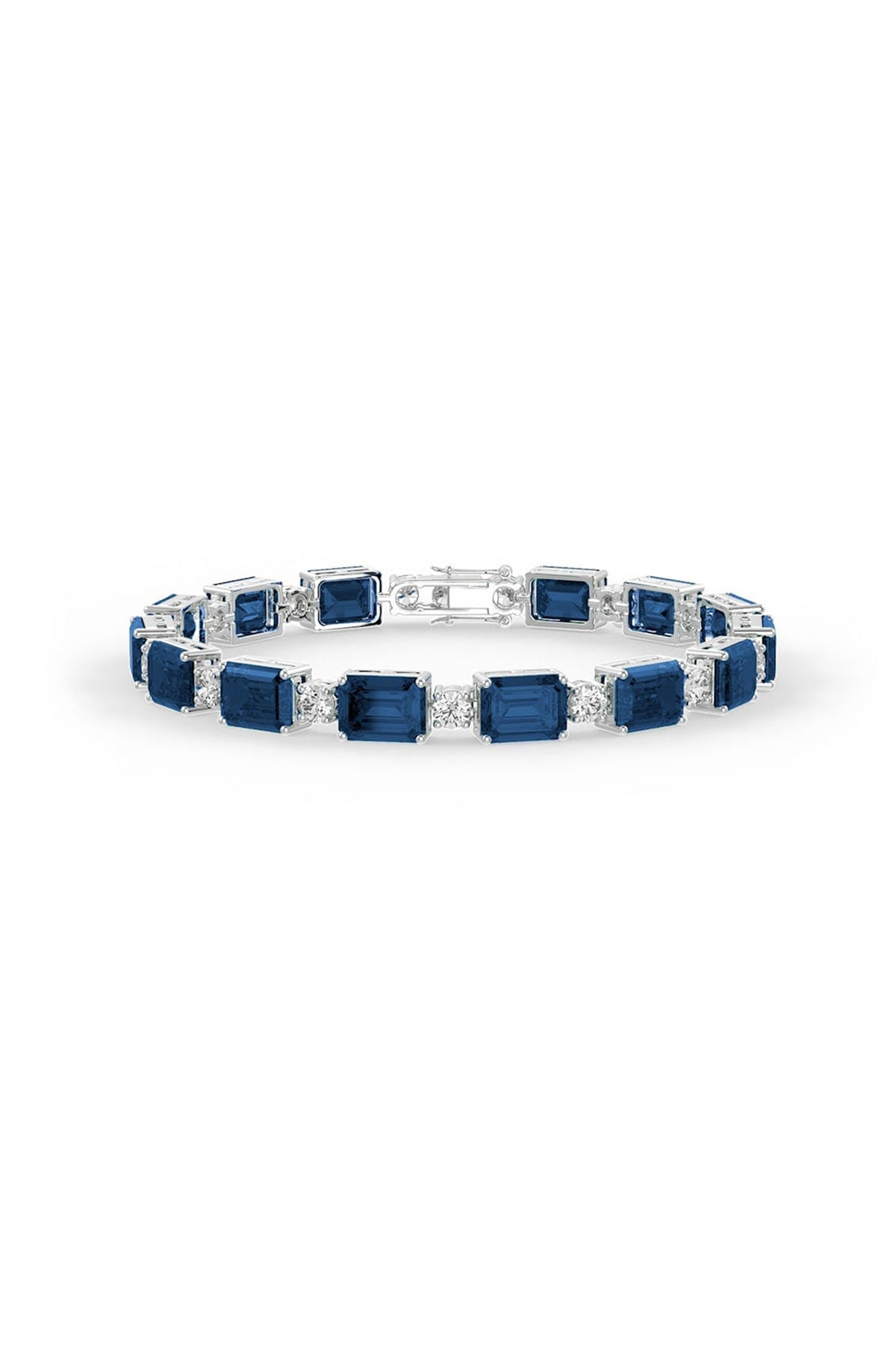 White Rhodium Finish Cubic Zirconia & Sapphire Stone Bracelet In Sterling Silver