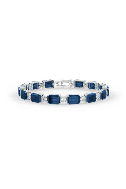 White Rhodium Finish Cubic Zirconia & Sapphire Stone Bracelet In Sterling Silver