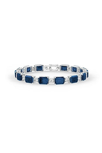 White Rhodium Finish Cubic Zirconia & Sapphire Stone Bracelet In Sterling Silver