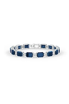 White Rhodium Finish Cubic Zirconia & Sapphire Stone Bracelet In Sterling Silver