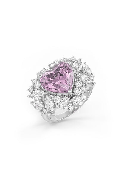 White Rhodium Finish Cubic Zirconia & Pink Stone Ring In Sterling Silver