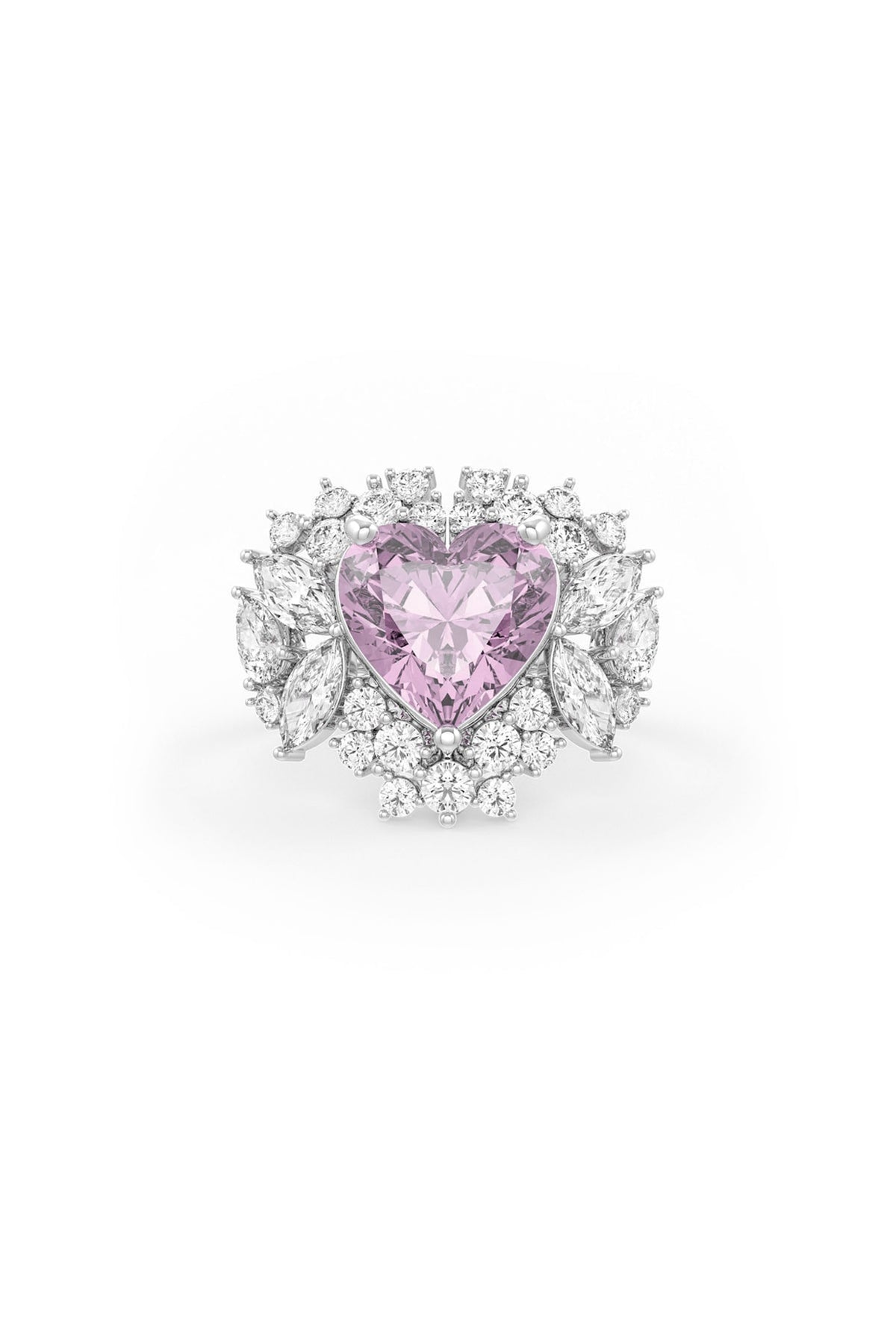 White Rhodium Finish Cubic Zirconia & Pink Stone Ring In Sterling Silver