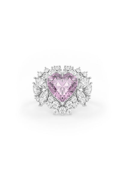 White Rhodium Finish Cubic Zirconia & Pink Stone Ring In Sterling Silver