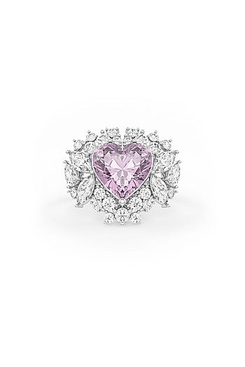 White Rhodium Finish Cubic Zirconia & Pink Stone Ring In Sterling Silver