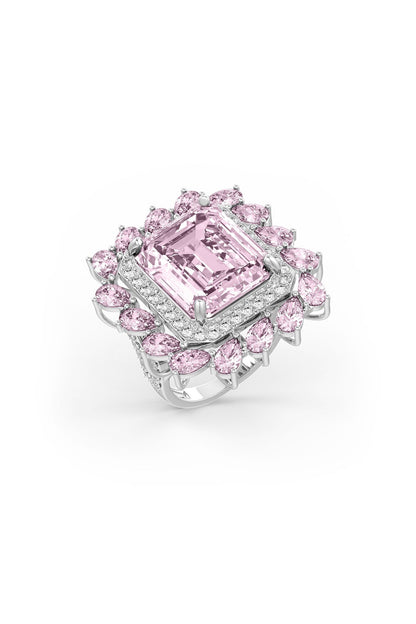 White Rhodium Finish Cubic Zirconia & Pink Stone Ring In Sterling Silver