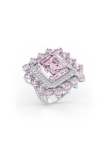White Rhodium Finish Cubic Zirconia & Pink Stone Ring In Sterling Silver