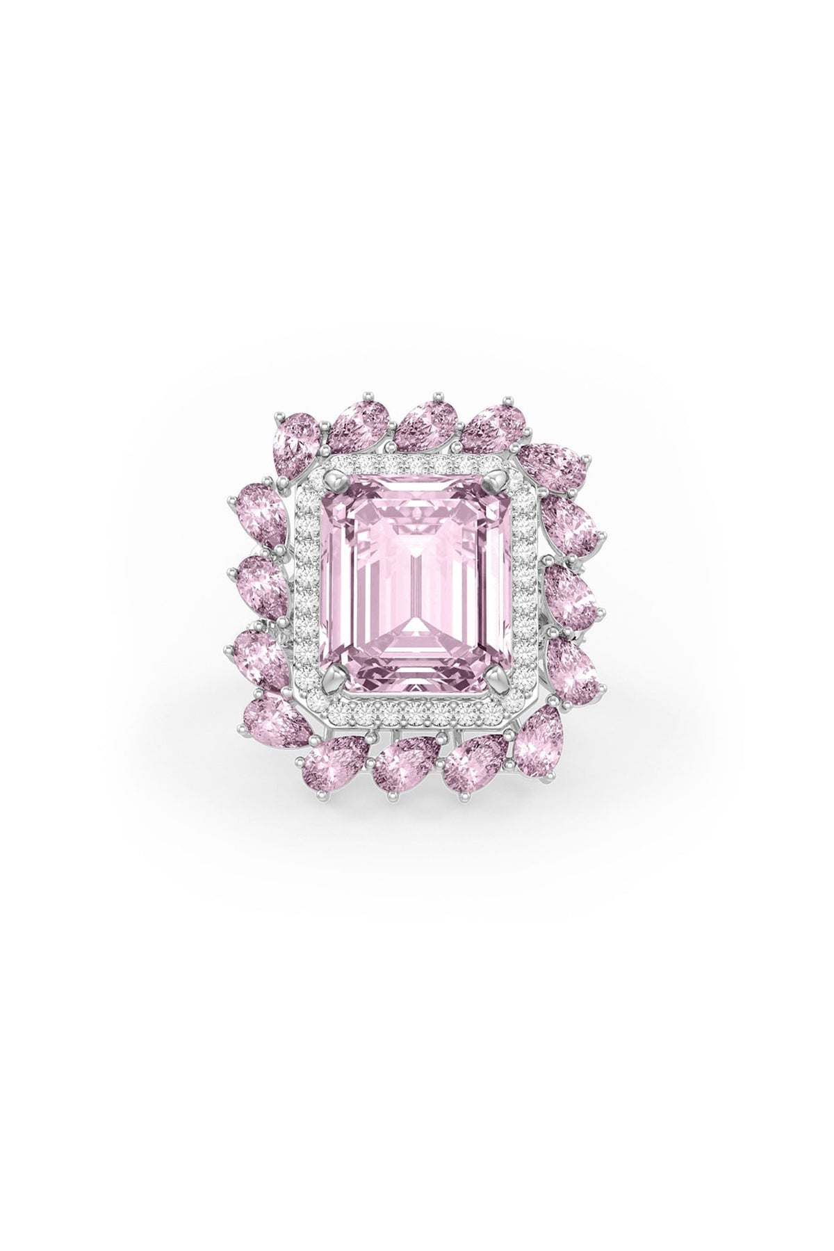 White Rhodium Finish Cubic Zirconia & Pink Stone Ring In Sterling Silver