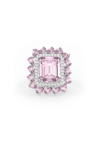 White Rhodium Finish Cubic Zirconia & Pink Stone Ring In Sterling Silver