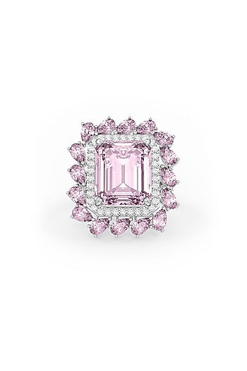 White Rhodium Finish Cubic Zirconia & Pink Stone Ring In Sterling Silver