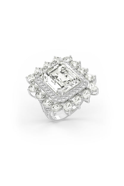 White Rhodium Finish Cubic Zirconia & Champagne Stone Ring In Sterling Silver