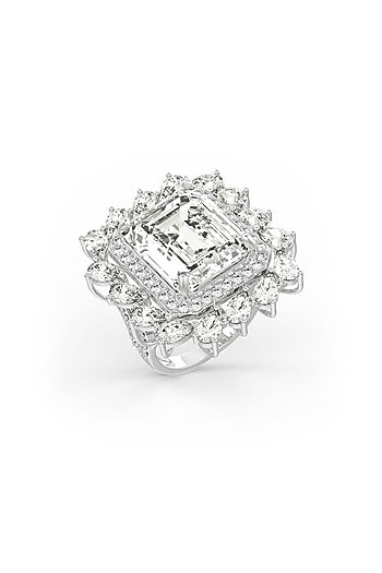 White Rhodium Finish Cubic Zirconia & Champagne Stone Ring In Sterling Silver