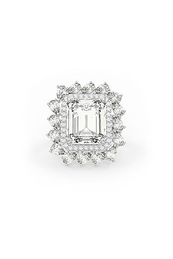 White Rhodium Finish Cubic Zirconia & Champagne Stone Ring In Sterling Silver