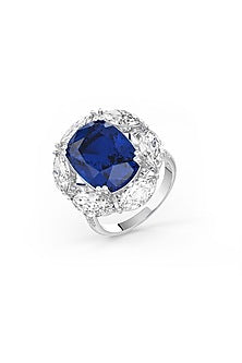White Rhodium Finish Cubic Zirconia & Sapphire Stone Ring In Sterling Silver