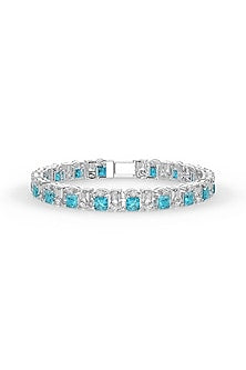 White Rhodium Finish Cubic Zirconia & Aqua Stone Bracelet In Sterling Silver