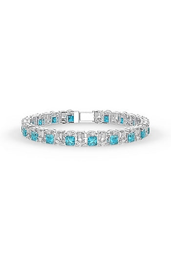 White Rhodium Finish Cubic Zirconia & Aqua Stone Bracelet In Sterling Silver
