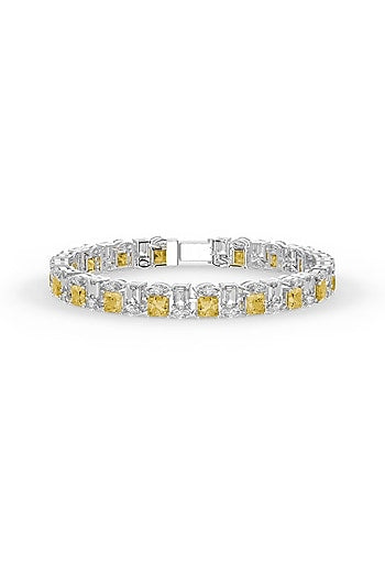 White Rhodium Finish Cubic Zirconia & Yellow Stone Bracelet In Sterling Silver