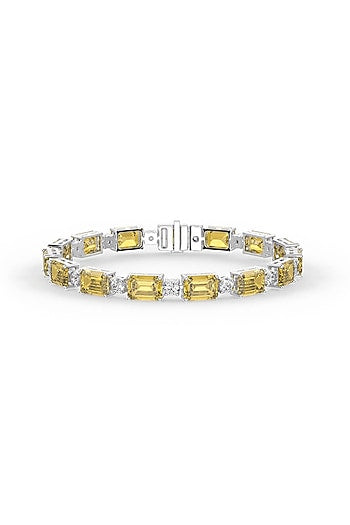 White Rhodium Finish Cubic Zirconia & Yellow Stone Bracelet In Sterling Silver