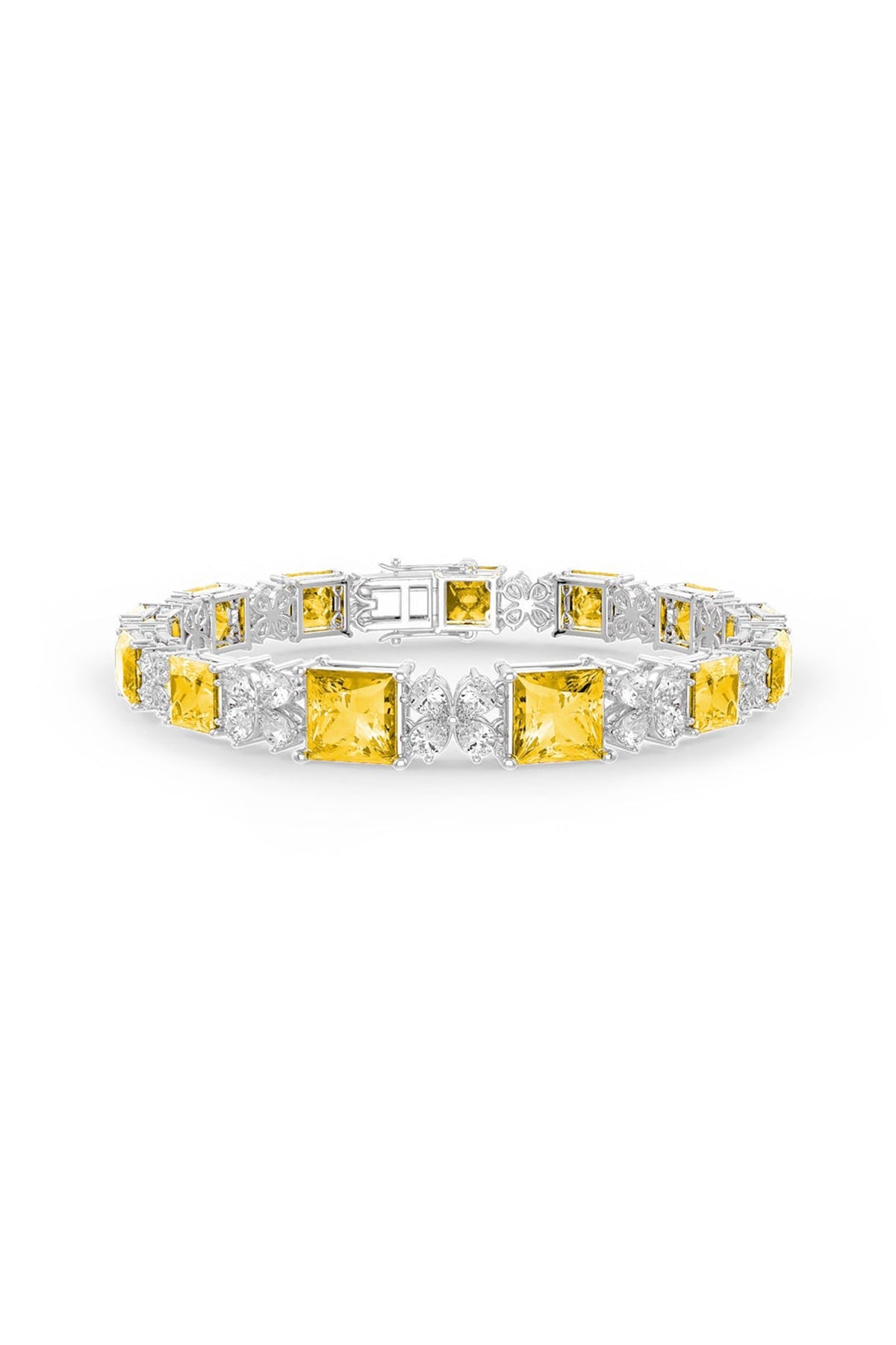 White Rhodium Finish Cubic Zirconia & Yellow Stone Bracelet In Sterling Silver