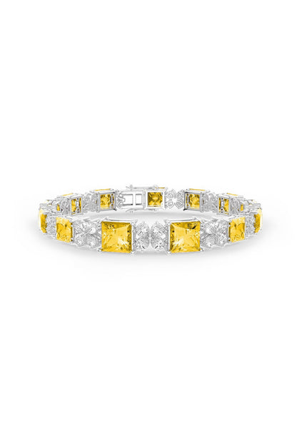 White Rhodium Finish Cubic Zirconia & Yellow Stone Bracelet In Sterling Silver