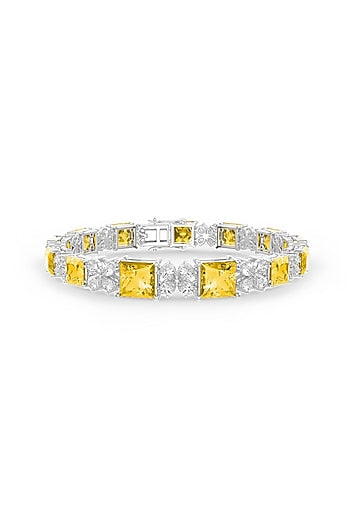 White Rhodium Finish Cubic Zirconia & Yellow Stone Bracelet In Sterling Silver
