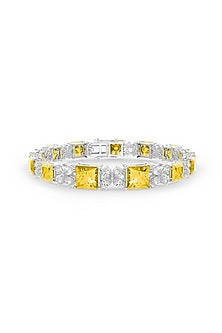 White Rhodium Finish Cubic Zirconia & Yellow Stone Bracelet In Sterling Silver