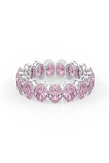 White Rhodium Finish Cubic Zirconia & Pink Stone Ring In Sterling Silver