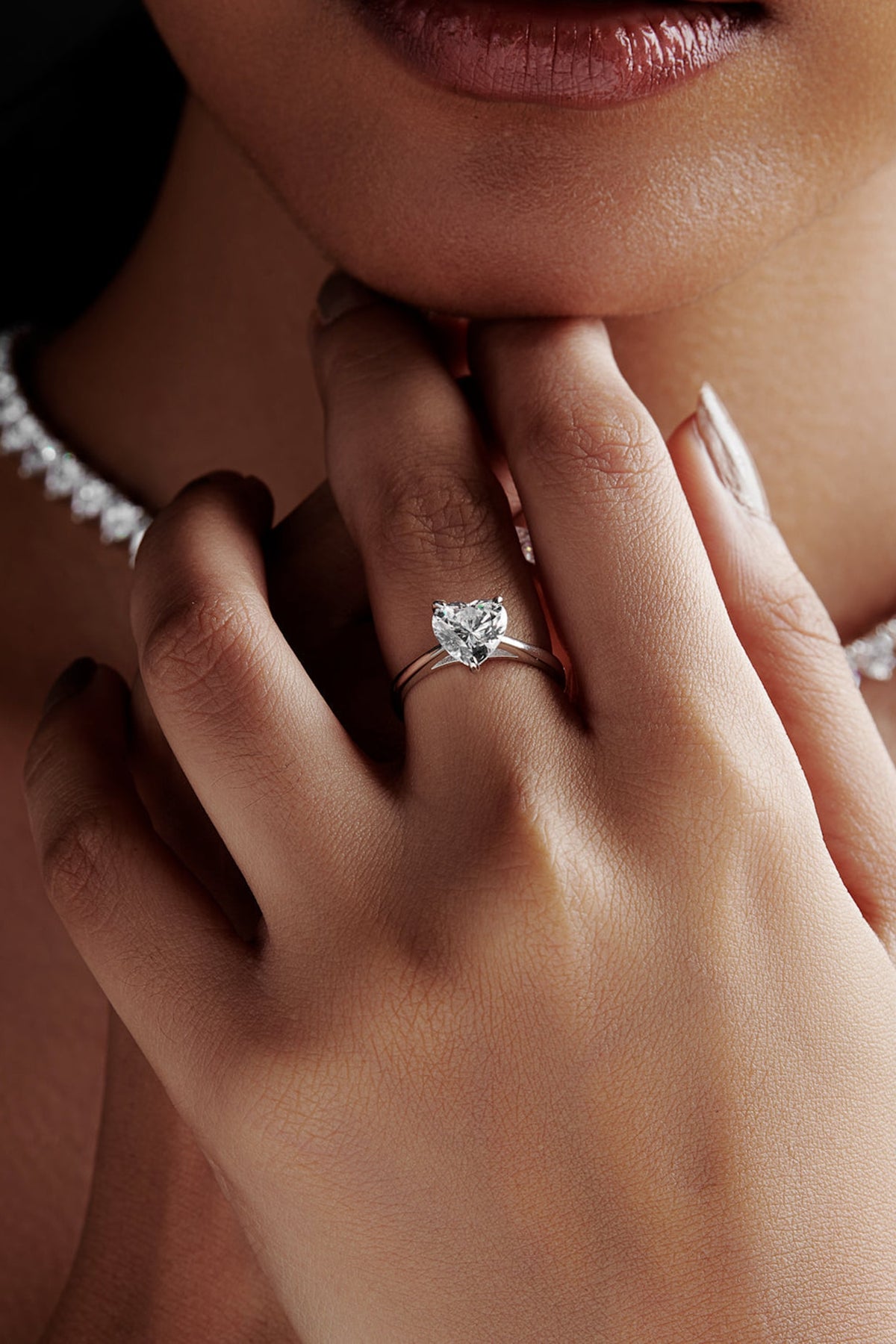 White Rhodium Finish Heart-Shaped Cubic Zirconia Ring In Sterling Silver