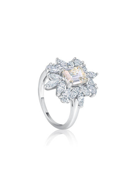 White Rhodium Finish Champagne Cubic Zirconia Ring In Sterling Silver