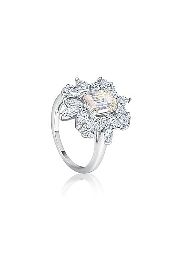 White Rhodium Finish Champagne Cubic Zirconia Ring In Sterling Silver