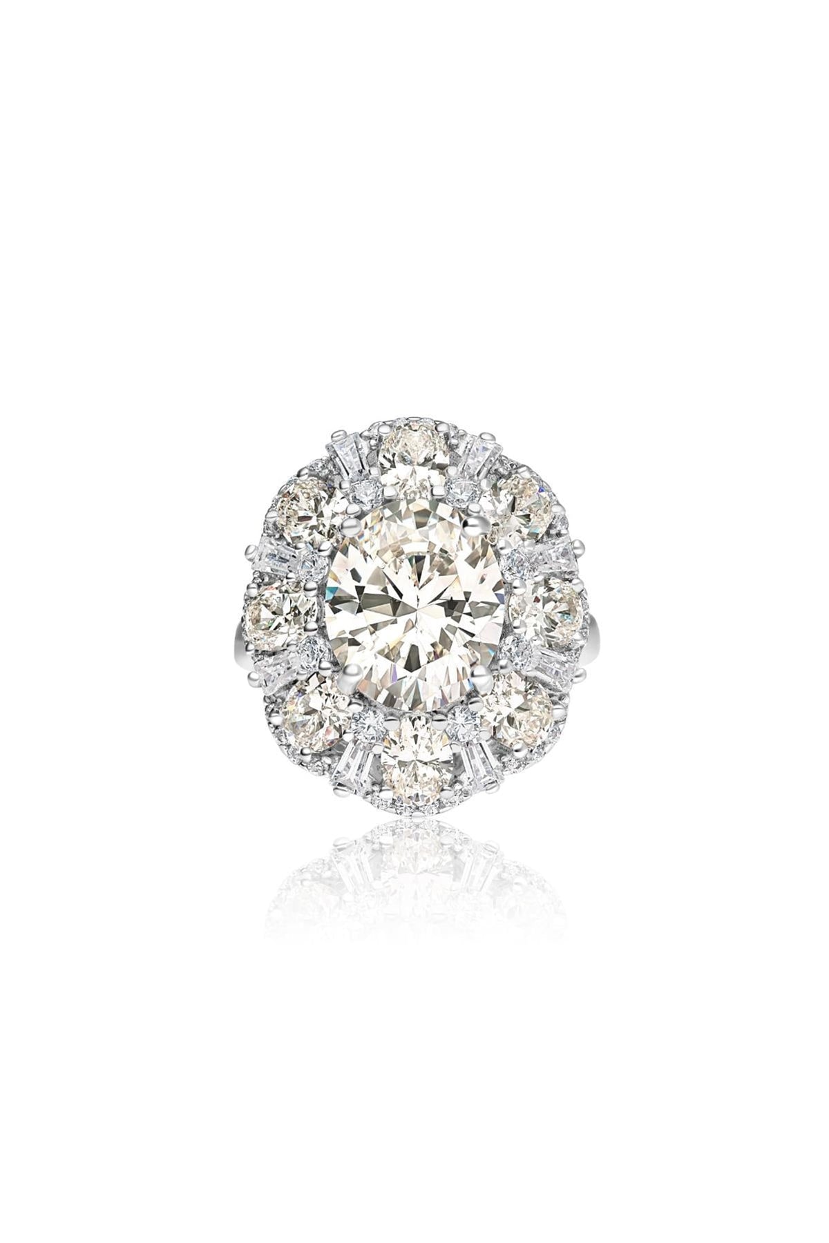 White Rhodium Finish Champagne Cubic Zirconia Ring In Sterling Silver