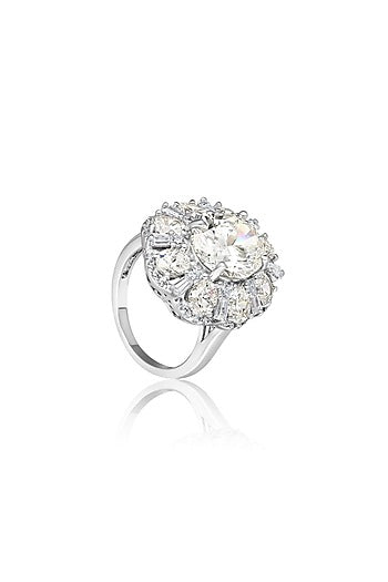 White Rhodium Finish Champagne Cubic Zirconia Ring In Sterling Silver