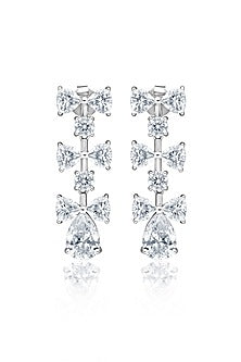 White Rhodium Finish Cubic Zirconia Luminous Bow Dangler Earrings In Sterling Silver
