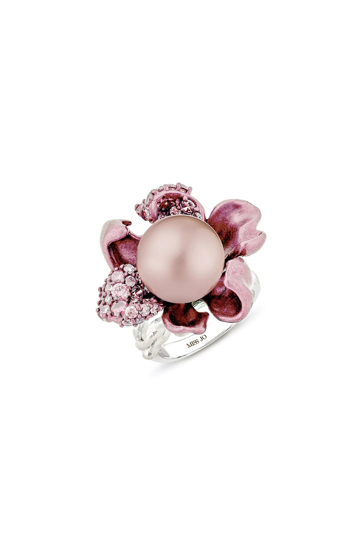 White Rhodium Finish Pink Cubic Zirconia & Pearl Ring In Sterling Silver