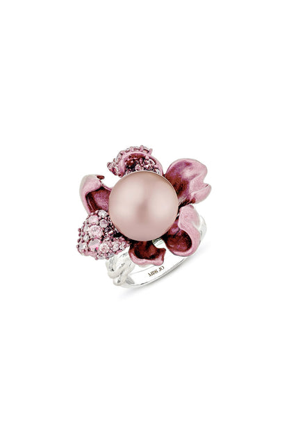 White Rhodium Finish Pink Cubic Zirconia & Pearl Ring In Sterling Silver