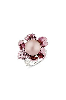 White Rhodium Finish Pink Cubic Zirconia & Pearl Ring In Sterling Silver