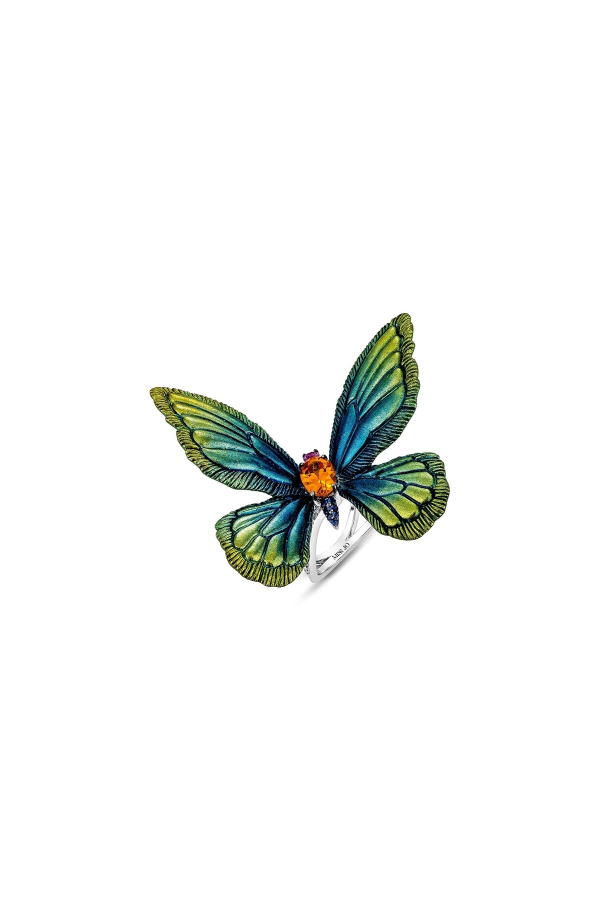White Rhodium Finish Green Enameled Butterfly Ring In Sterling Silver