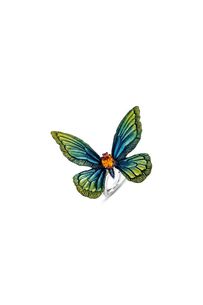 White Rhodium Finish Green Enameled Butterfly Ring In Sterling Silver