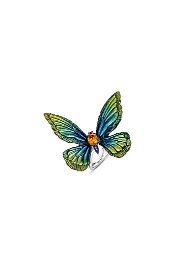 White Rhodium Finish Green Enameled Butterfly Ring In Sterling Silver