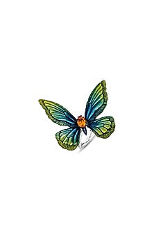 White Rhodium Finish Green Enameled Butterfly Ring In Sterling Silver