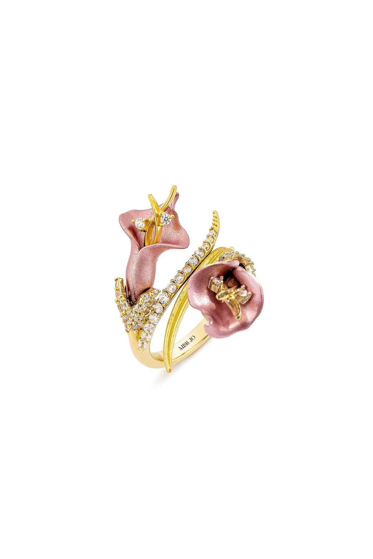 Gold Finish Pink Enameled Floral Ring In Sterling Silver