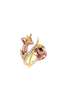 Gold Finish Pink Enameled Floral Ring In Sterling Silver