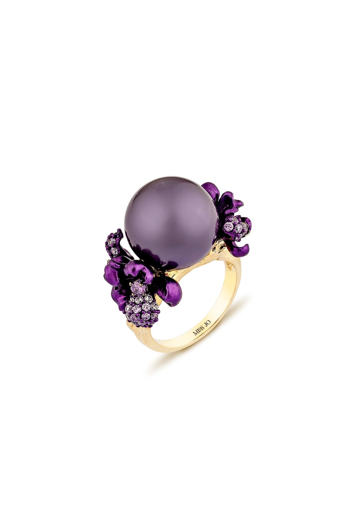Gold Finish Pearl & Cubic Zirconia Floral Ring In Sterling Silver