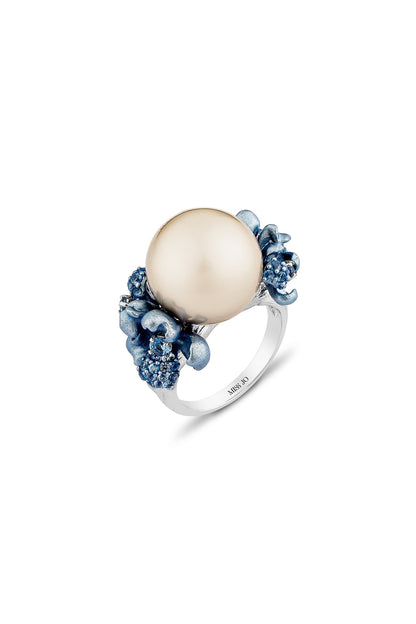 White Rhodium Finish Turquoise Pearl & Cubic Zirconia Floral Ring In Sterling Silver
