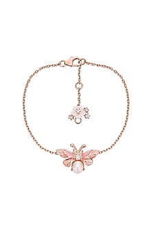 Rose Gold Finish Pink Enameled Pearl Bracelet In Sterling Silver