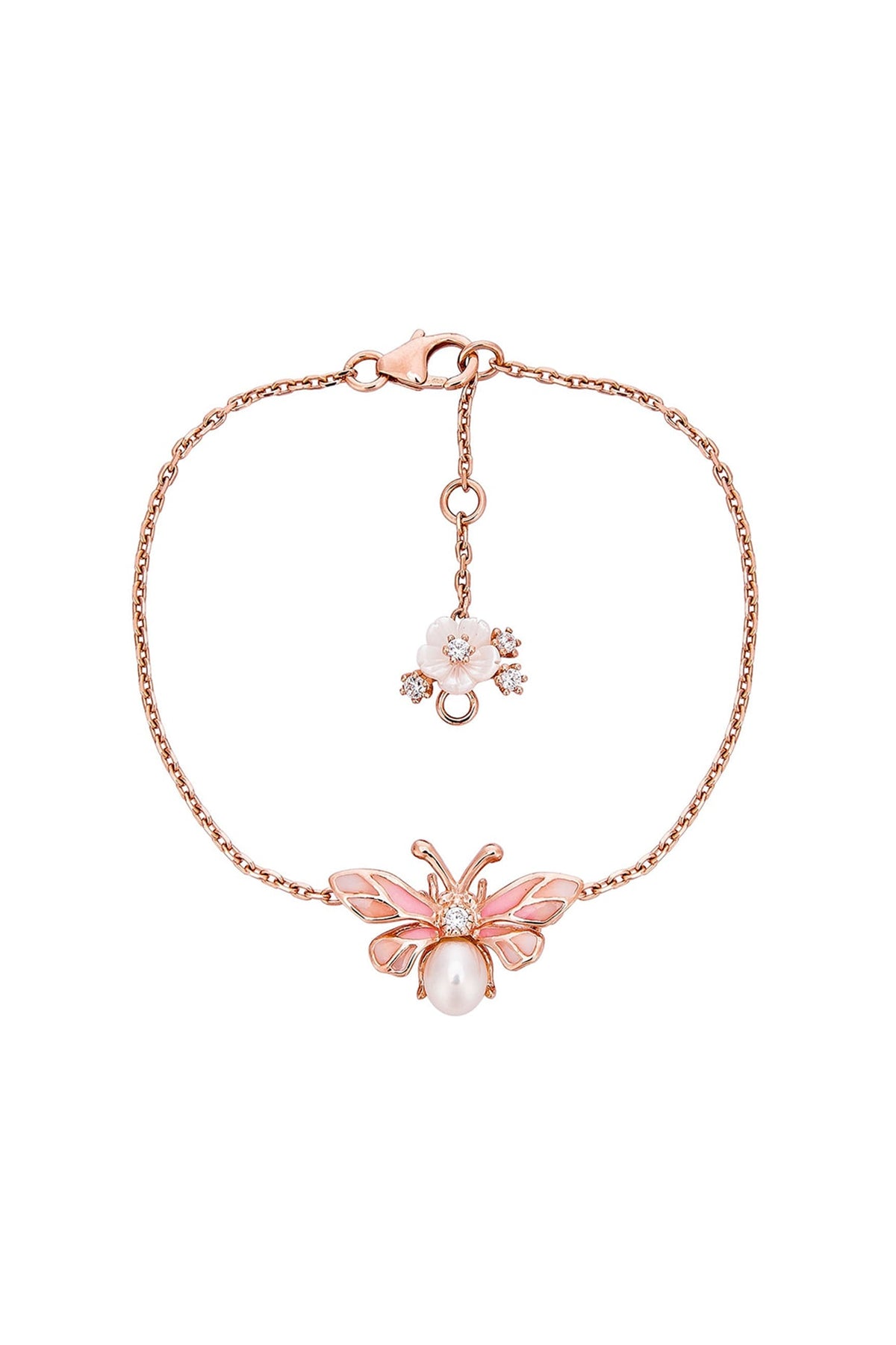 Rose Gold Finish Pink Enameled Pearl Bracelet In Sterling Silver