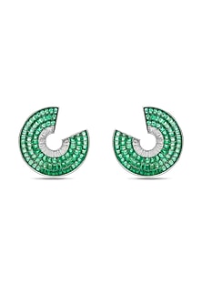 White Rhodium Finish Emerald Spinel Stone Circlets Stud Earrings In Sterling Silver